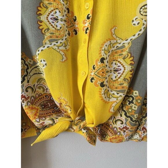 Spoon Jeans Womens Size S Yellow Paisley Blouse Gauzy Tie Front Boho Long Sleeve - Picture 3 of 5